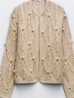 ZARA Beige Cable-Knit Pearl-Embellished Cardigan
